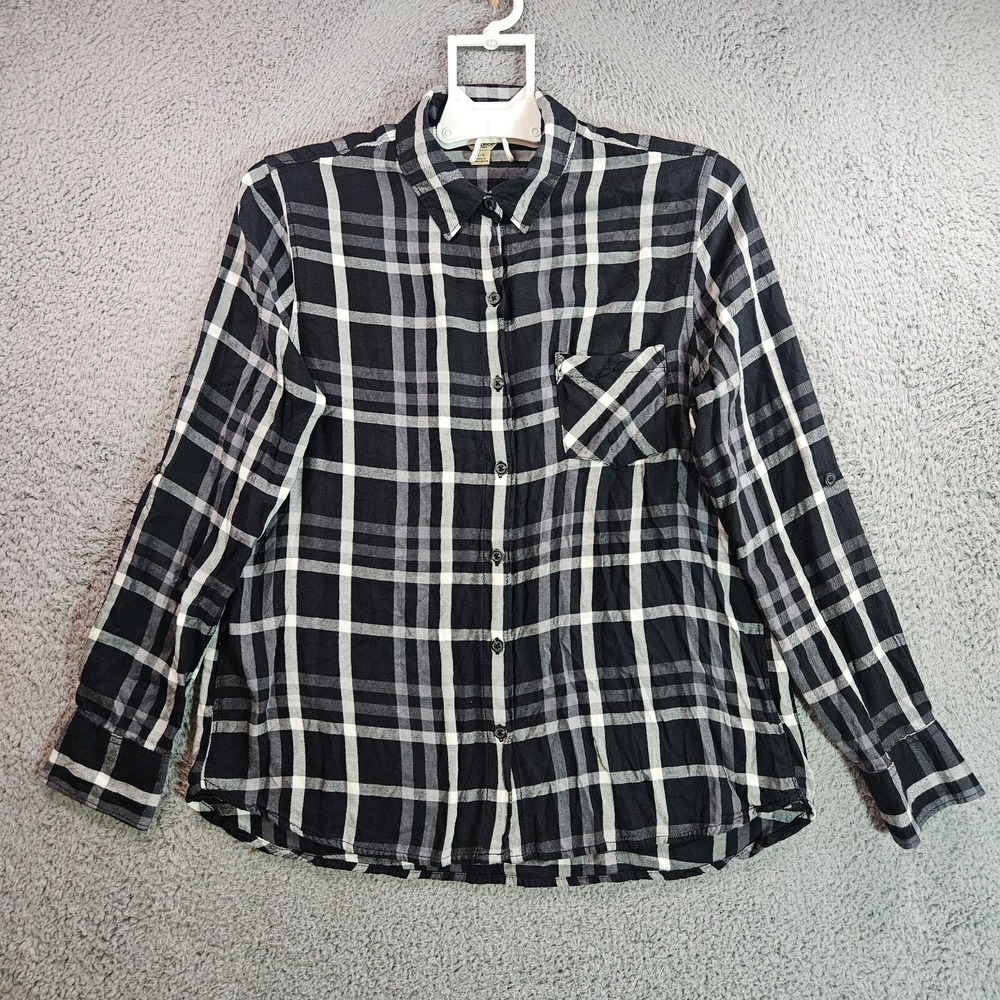 Woolrich Shirt Top Women Large Button Up Long Sleeve Black Whtie Plaid - L
